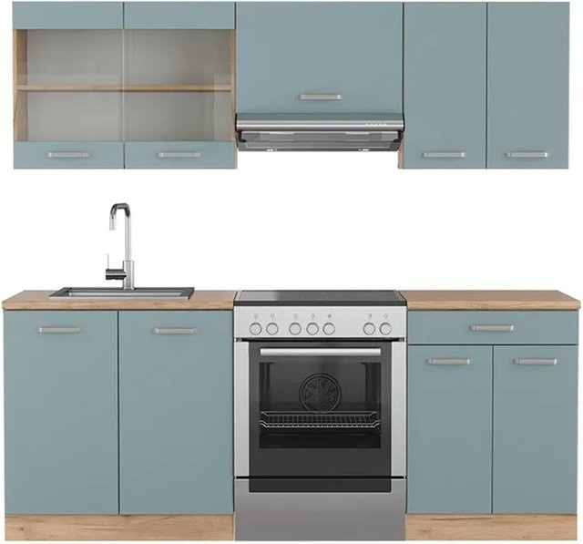 Vicco R-Line Küchenzeile Blau-Grau und Goldkraft Eiche, moderne Einbauküche ohne Elektrogeräte, Breite: 200 cm - Bild 1