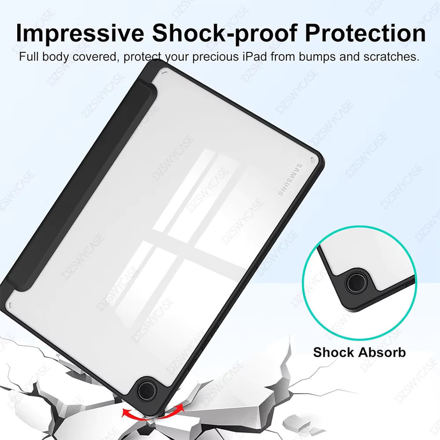 DZSWYCASE Schutzhülle für Samsung Galaxy Tab A9 und Tab A11 Plus 11 Zoll mit Stifthalter und dreifach faltbarer Standfunktion, transparente Rückseite, Farben: Pink, Schwarz oder Transparent - Bild 2