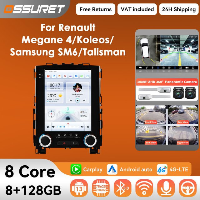 OSSURET 9,7 Zoll Multimedia-Radio mit Carplay und Android Auto für Renault Koleos, Megane 4, Samsung SM6 und Talisman, 2DIN, Schwarz mit Bluetooth und 360 Kamera - Bild 1