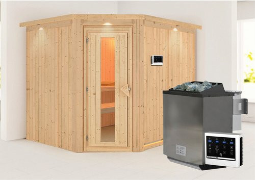 KARIBU Sauna Haaspsalu aus Fichtenholz in Braun für 4 Personen inklusive 9 kW Bio-Kombi-Saunaofen mit externer Steuerung, B/T/H: 245 x 210 x 202 cm - Bild 1