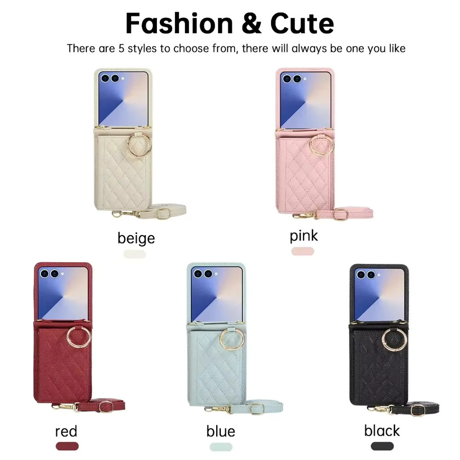 Flip7 Leder-Brieftaschenhülle für Samsung Galaxy Z Flip 7, 6, 5, 4, 3 mit Kartensteckplatz, Ringhalter und Umhängeband in Weiß oder Pink - Bild 5