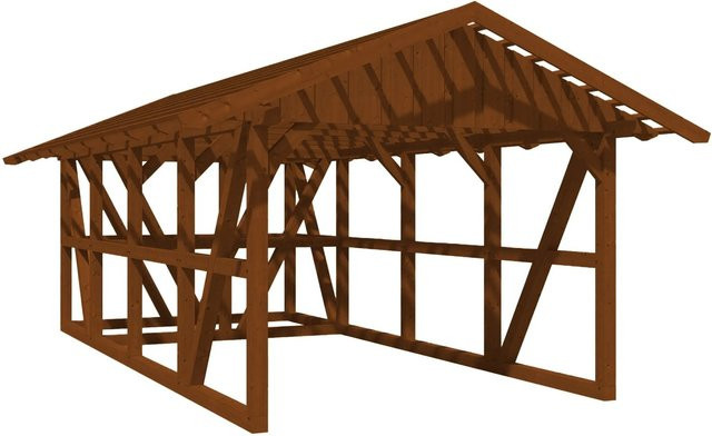 Skan Holz Carport Schwarzwald aus Fichtenholz mit Satteldach, Dachlattung und Abstellraum, Farbe Nussbaum, B: 424 cm, T: 772 cm - Bild 1
