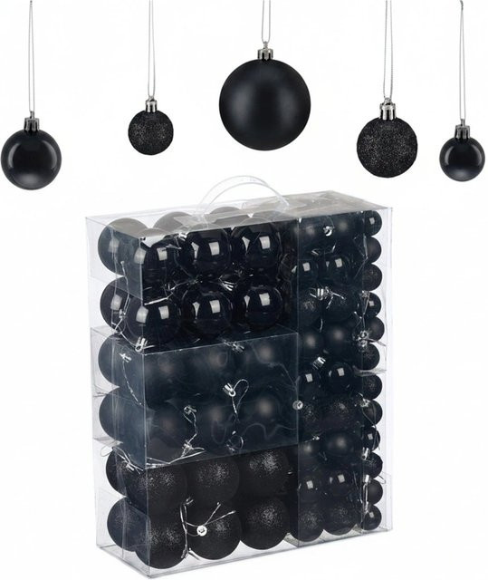Relaxdays Weihnachtskugeln 138er Set aus Kunststoff in Schwarz, bruchsicher mit glitzernden, matten und glänzenden Oberflächen - Bild 1