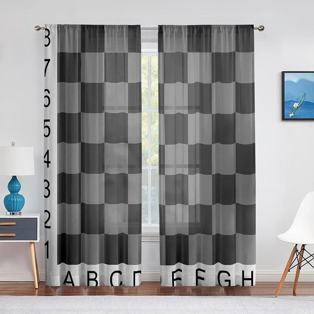 Schachbrett Sportspiele Transparente Tüll Voile Vorhänge aus Organza in Grau, Breite: 100 cm, Höhe: 250 cm - Bild 1