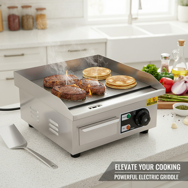 Bymaocar Elektrische Grillplatte aus Edelstahl mit 2000W Leistung, 14 Zoll, Silber, Einstellbare Temperatur 122-572°C - Bild 1