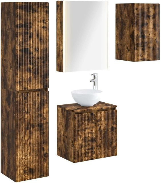 vidaXL Badezimmerschrank-Set 5-teilig aus geräuchertem Eichenholz in Braun mit LED-Beleuchtung, B/T/H: 53 x 15,5 x 70 cm - Bild 1