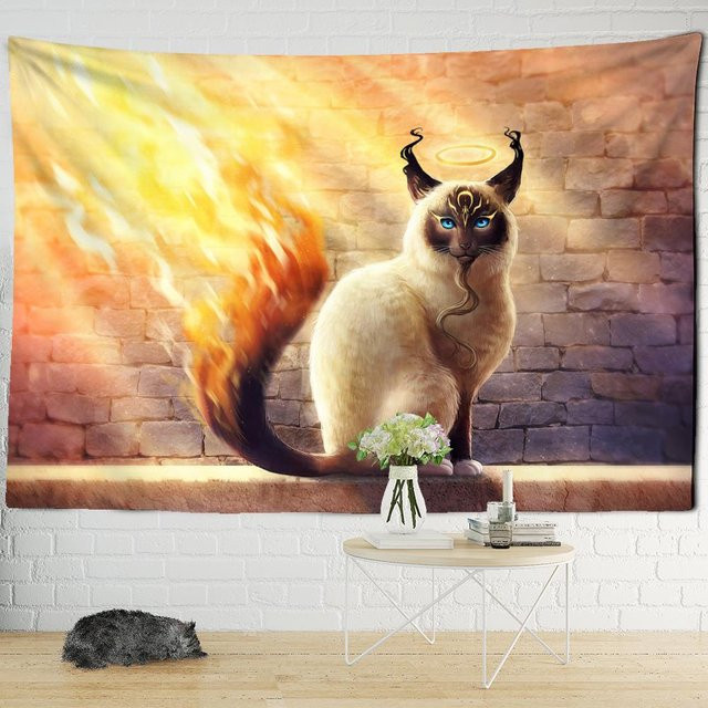 Super Six Wandteppich mit psychedelischem Katzenmotiv in Blau und Braun, Boho Mystic Wanddeko, Breite: 95 cm, Höhe: 70 cm - Bild 1
