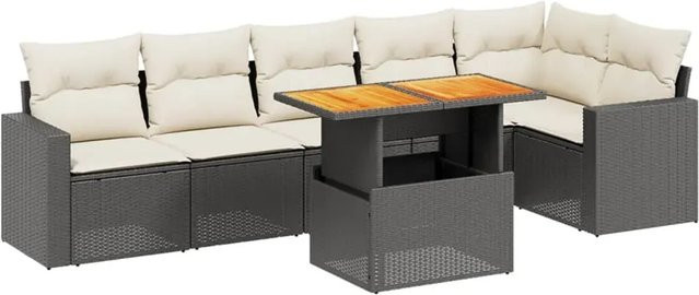 vidaXL 7-teilige Garten-Sofagarnitur in L-Form aus Polyrattan und Akazienholz mit Kissen in Schwarz-Creme - Bild 1
