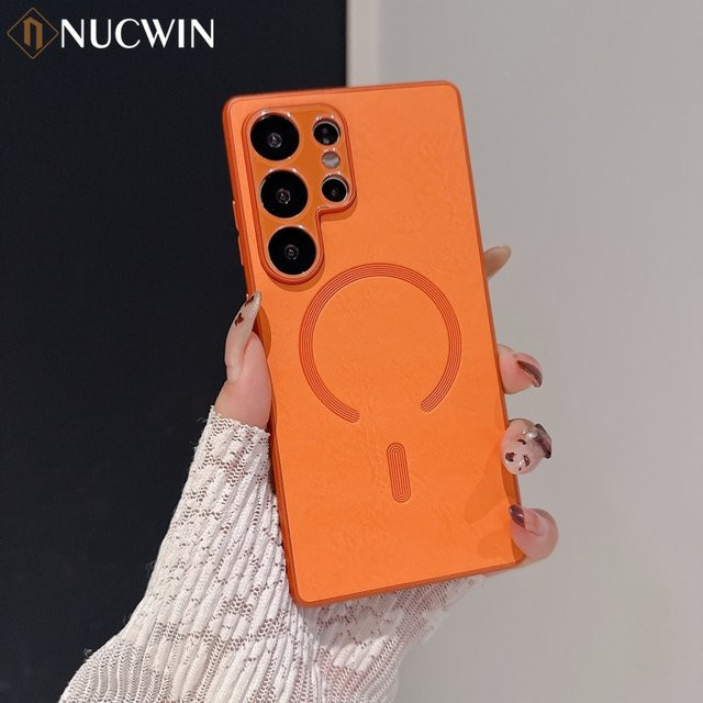 NUCWIN Leder-Magnetgehäuse für Samsung Galaxy S24 S25 S26 Plus Ultra FE Edge, Schlanke Stoßfeste Schutzhülle in Grau und Orange - Bild 1