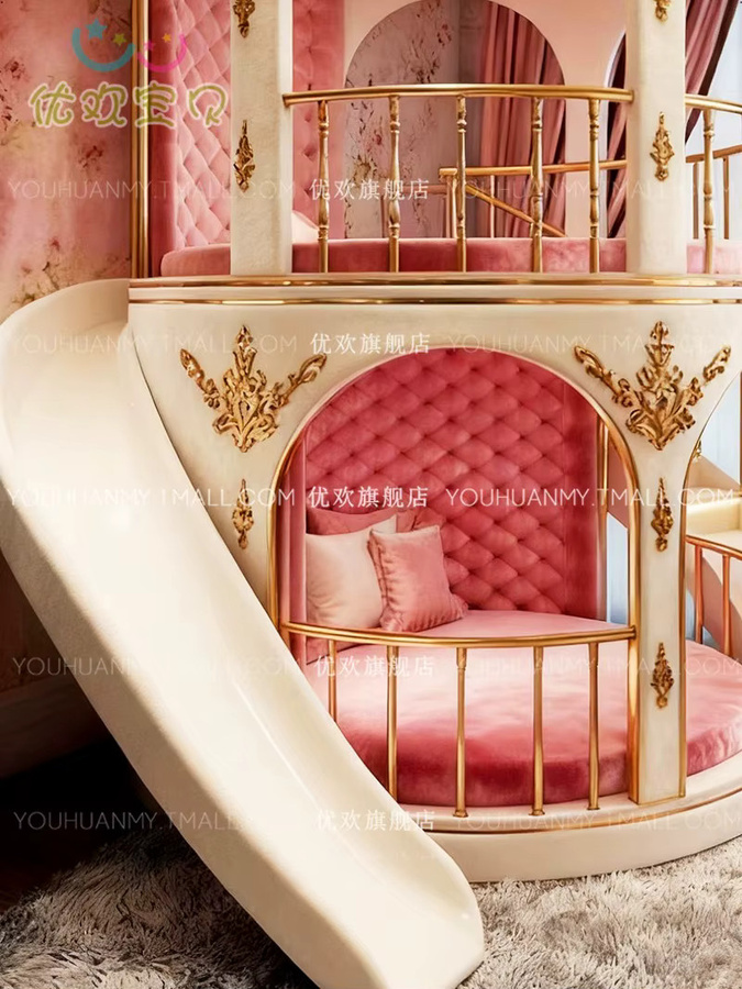 XMSJ Prinzessinnen-Schloss-Doppelstockbett aus Massivholz mit Rutsche und Treppe in Weiß, Queen-Size 150 x 200 cm - Bild 2