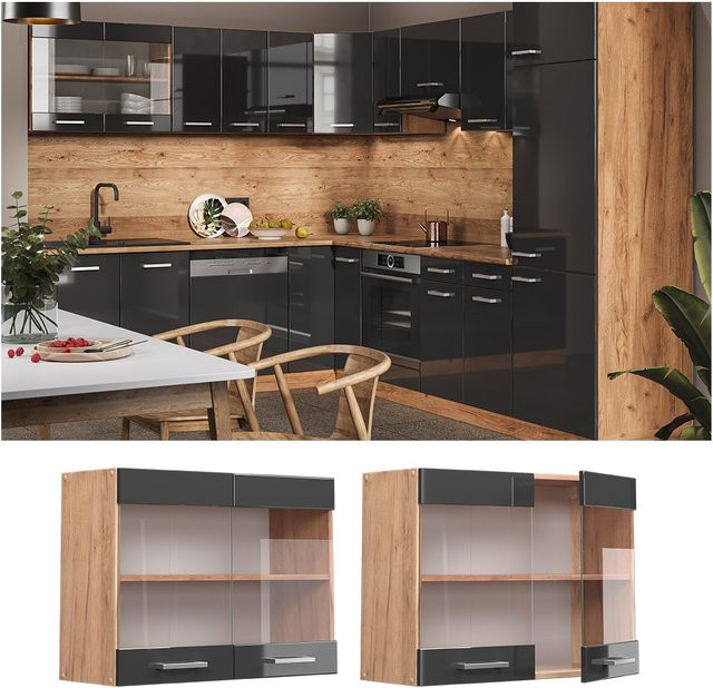 Vicco R-Line Hängeglasschrank für die Küche in Anthrazit und Gold mit Glastüren, Breite: 80 cm, Höhe: 60 cm, Tiefe: 31 cm - Bild 1