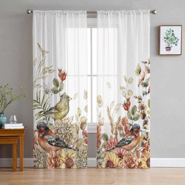 Yiran Furniture Transparente Tüllvorhänge mit Blumen und Aquarell-Vögeln, Organza-Fenstervorhänge für Wohnzimmer und Küche, Farbe: Weiß/Transparent, B: 135 cm, H: 115 cm - Bild 1