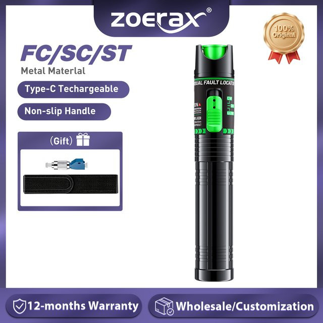 ZoeRax Glasfaser-Fehlerortungsgerät mit 30/15 mW, wiederaufladbar via USB Typ C, FC/LC-Adapter, Lichtstift in Grün oder Rot - Bild 1