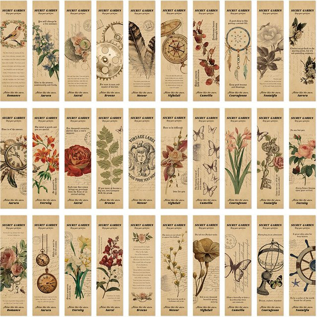 30 Stück Retro-Blumenetiketten aus Papier in Multicolour als dekorative Lesezeichen für Bücher und Schule - Bild 1