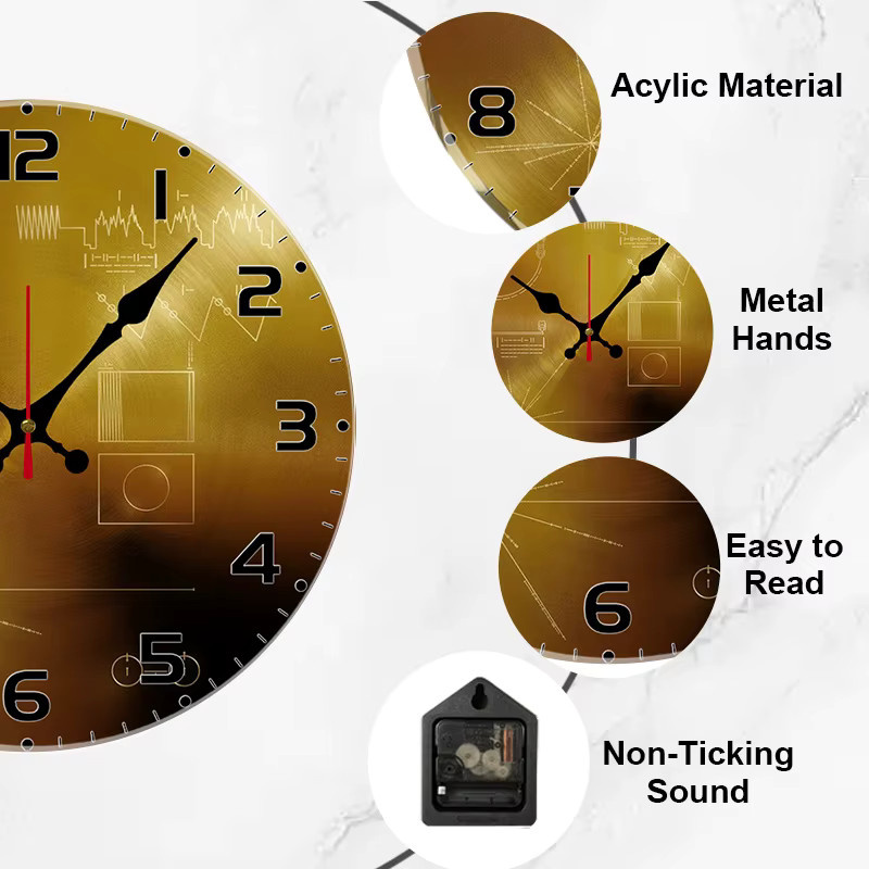 Tech Style Runde Wanduhr aus Acryl in Gold, geräuschlose analoge Wanduhr mit modernem Design für Wohnzimmer und Büro, Durchmesser: 25 cm - Bild 5