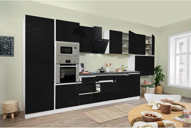 Respekta Premium Küchenzeile modern grifflos in Schwarz Hochglanz und Weiß mit Granit-Optik, Breite: 445 cm, Höhe: 220,5 cm, Tiefe: 55,5 cm - Bild 1