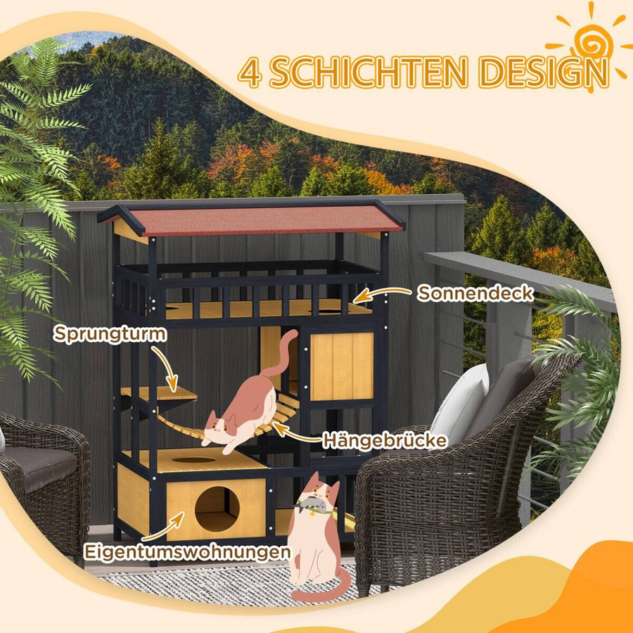 PawHut Katzenhaus aus Kiefernholz in Gelb mit Plattformen und Hängebrücke für bis zu 2 Katzen, B/H/L: 60 x 116 x 84 cm - Bild 3