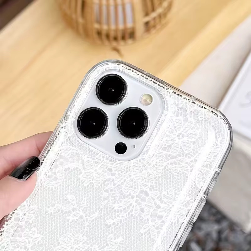 Elegante Handyhülle mit weißem Spitzenmuster für Apple iPhone 11 bis iPhone 17 Pro Max, Transparentes Soft Clear Cover - Bild 4