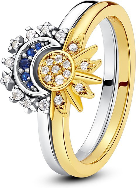 NBSAMENG Ring 925 Silber, Sonne Mond Stern, Zirkonia, Goldfarben, Damen - Bild 1