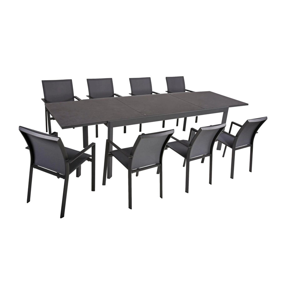 DELUKE Garten-Sitzgruppe EERO 9-teiliges Gartenmöbel-Set in Grau mit ausziehbarem Esstisch und Stapelstühlen aus Kunststoff, Aluminium und Glas - Bild 2