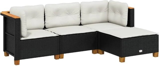 vidaXL 4-tlg. Garten-Sofagarnitur aus Poly-Rattan in Schwarz mit Kissen und Akazienholz-Elementen - Bild 1