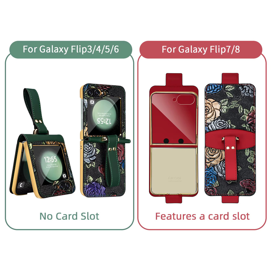 VIETAO Handyhülle aus PU-Leder mit Reliefmalerei Blumen und Armband für Samsung Galaxy Z Flip 8 7 6 5 4 3 in Braun - Bild 2