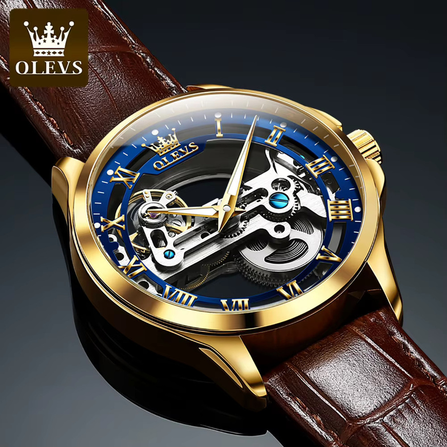 OLEVS Armbanduhr Automatik, Leder, Gold, Blau, Herren - Bild 3