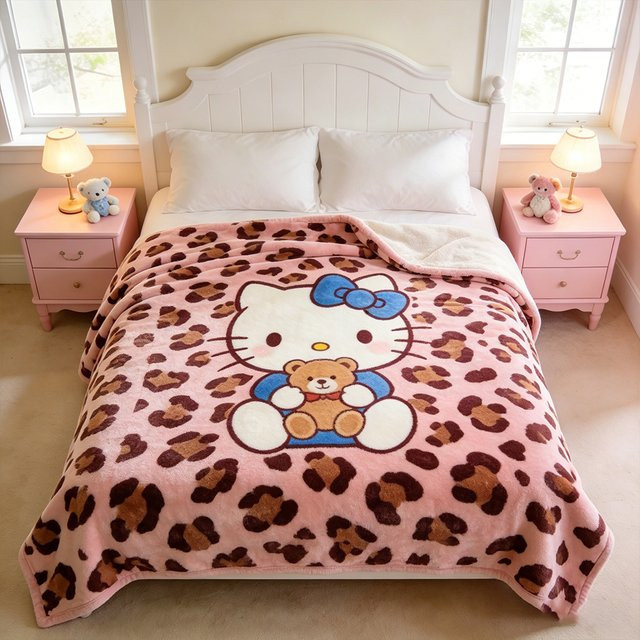 Sanrio Hello Kitty Fleece-Decke mit Leopardenmuster in Rosa - Bild 1