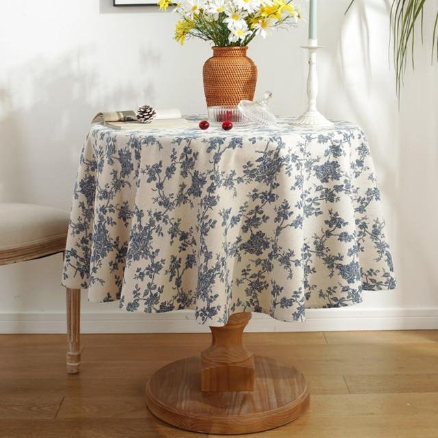 Runde Tischdecke von Your Warm Home aus Baumwoll-Leinen-Mischung in Blau mit floralem Retro-Design, Durchmesser: 140 cm - Bild 1