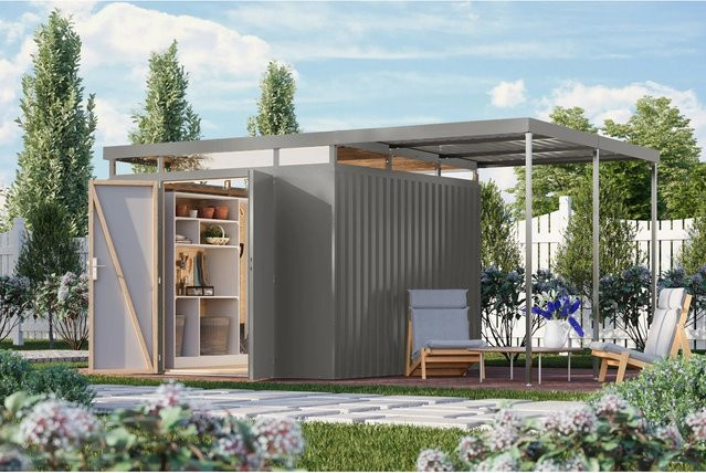 Karibu Metallgerätehaus Argos 3,5 mit Anbaudach in Graualuminium - Bild 1