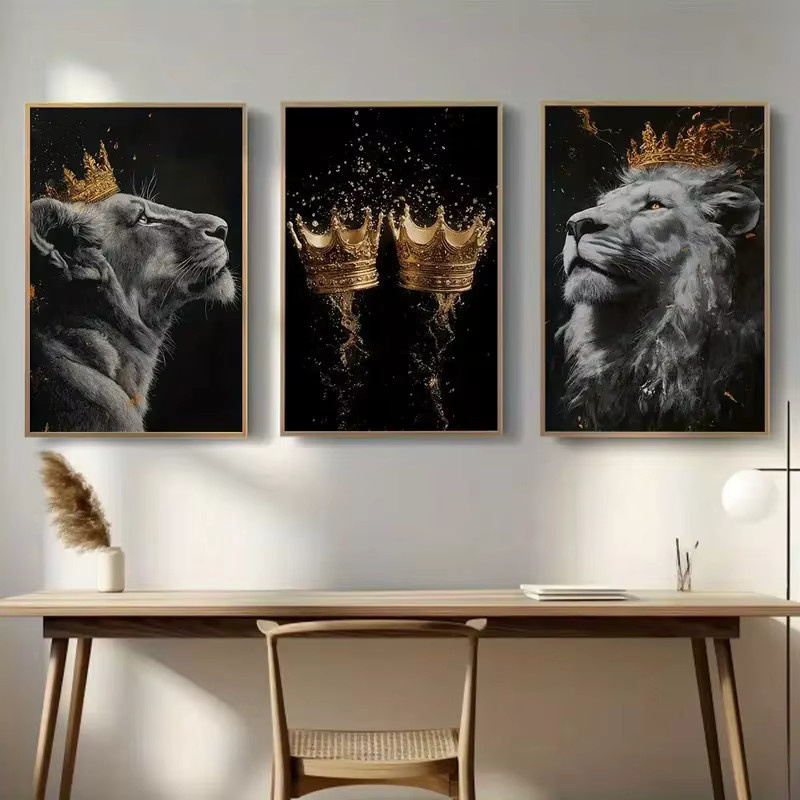 Potdemiel Leinwand-Wandkunst Set mit goldener Krone und Löwe, modernes Tiergemälde in Gold für deine Heimdekoration, 3er-Set - Bild 4