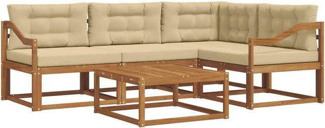 vidaXL Outdoor-Sofagarnitur aus Akazienholz in L-Form mit Kissen, 5-teilig, Natur und Beige - Bild 1