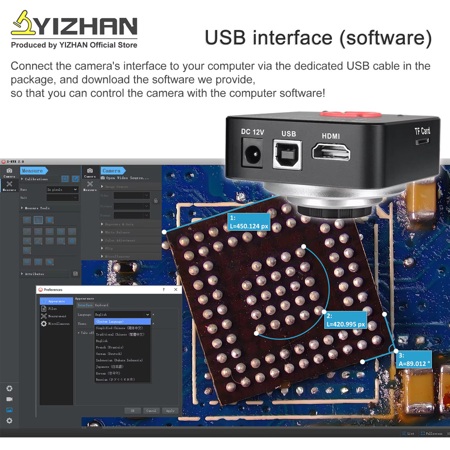 YIZHAN Industriemikroskopkamera 4K 60MP mit IMX415 Sensor, HDMI und USB, Schwarz, inklusive Windows-Messsoftware und Fernbedienung für Trinokularmikroskope, PCB-Reparatur und Elektronikinspektion - Bild 2