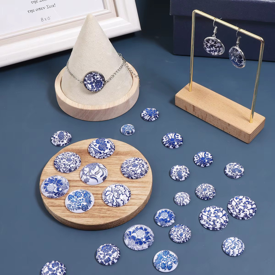 Louleur Porzellan-Glas-Cabochons, Blau-Weiß, Rund, Flach - Bild 2