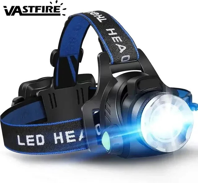 VASTFIRE LED-Angelstirnlampe in Schwarz mit Teleskop-Zoom, 3 Beleuchtungsmodi und wiederaufladbarem Akku - Bild 1