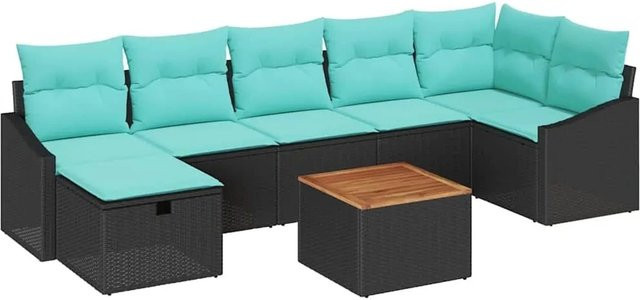 vidaXL Gartensofa-Set aus Poly-Rattan und Akazienholz in Schwarz, 8-teiliges L-Shape Lounge-Set mit Kissen und Stauraum - Bild 1