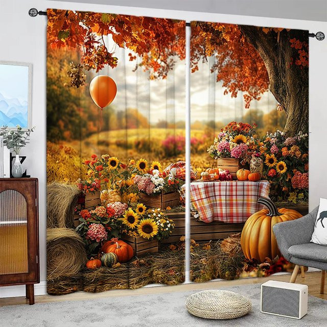 2er-Set Vorhänge mit Kürbismuster in Mehrfarbig, halbtransparentes Fensterdekor für Heimdekoration, Breite: 107 cm, Höhe: 160 cm - Bild 1