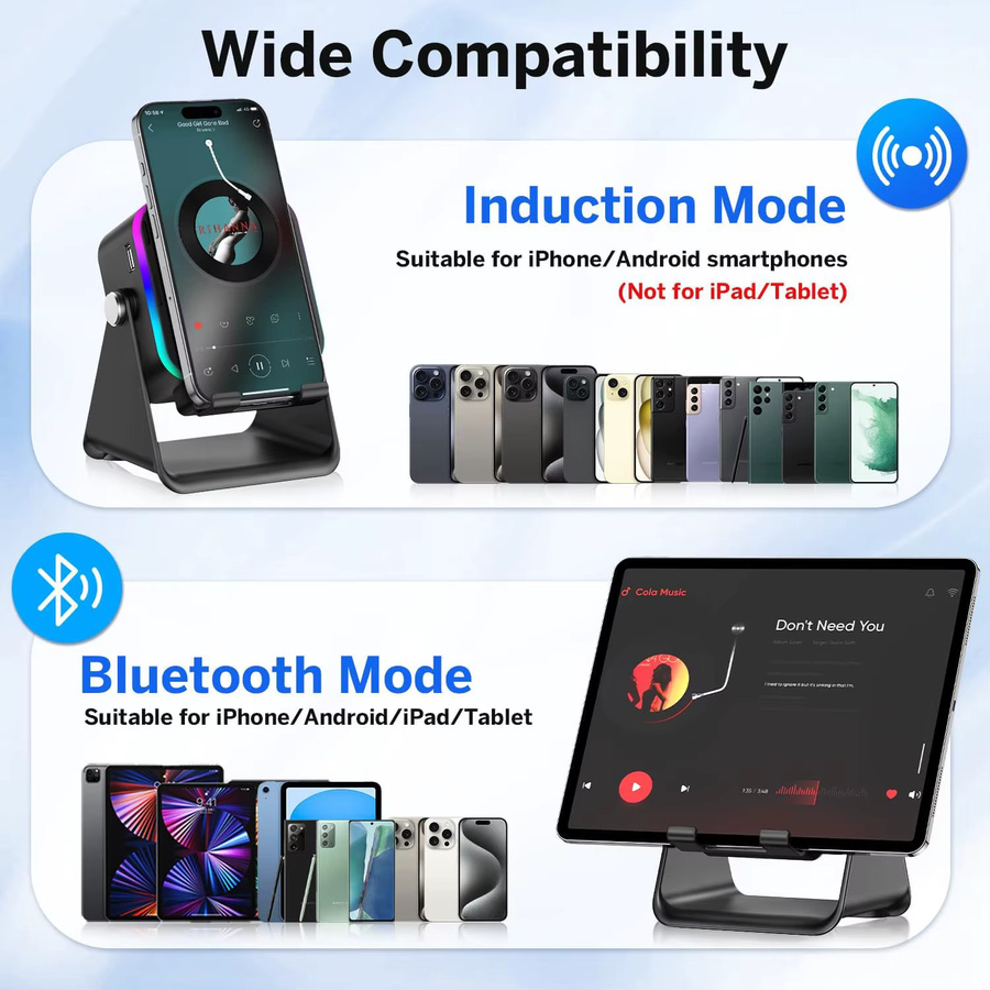 VIKEFON 5-in-1 Bluetooth Lautsprecher mit kabelloser Induktion, RGB-Lichter und Telefonhalter, HIFI-Sound, Schwarz oder Weiß - Bild 5