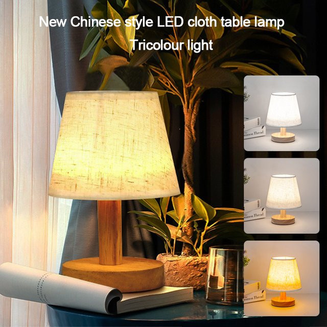 Retro LED Tischlampe mit Leinenlampenschirm und Holzfuß in Beige, USB-betrieben, warmweißes Licht für Wohnzimmer und Schlafzimmer - Bild 1