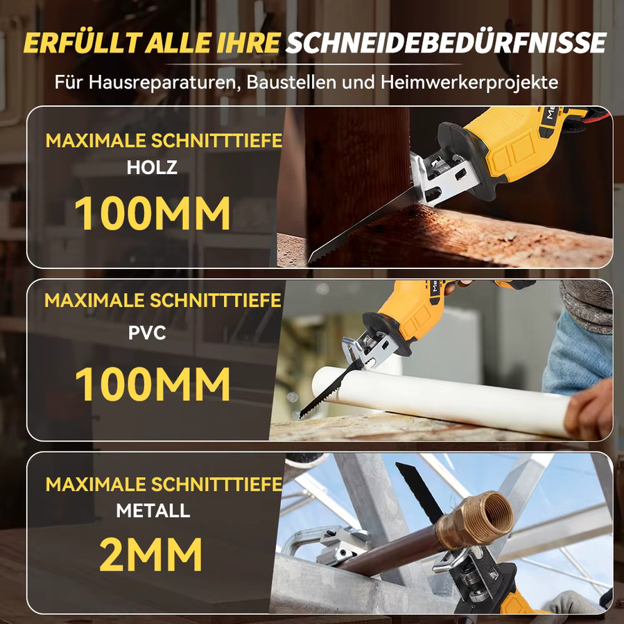 MELLWIN Akku-Säbelsäge in Gelb mit 3500 SPM als Multi-Elektrosäge für Metall, Holz und Rohre, kompatibel mit Makita 18 V LXT Akku-System - Bild 3