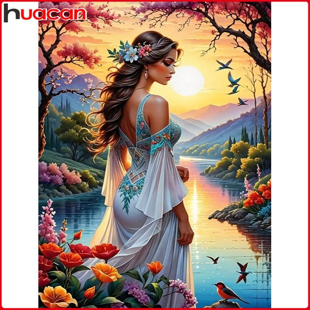 Huacan 5D-Diamantgemälde Lady Sunset River Porträt als Diamantmosaik zum Selbermachen, Mehrfarbig, B/H: 20 x 30 cm - Bild 1