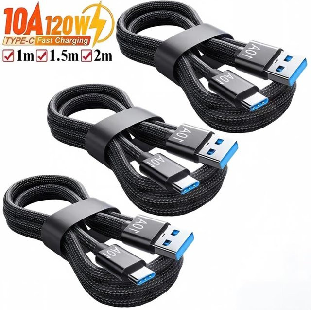 USB A auf Typ C Datenkabel 120W 10A mit Geflecht für schnelles Aufladen und Hochgeschwindigkeits-Datenübertragung in Schwarz - Bild 1