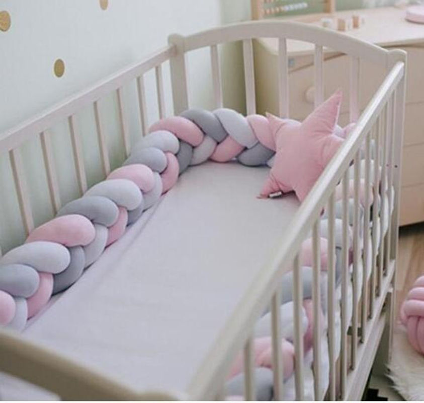 Mechamaxon Baby-Schlafschutzkissen mit farbigem Streifenmuster in Rosa und Grün, weiches geflochtenes Bettnestchen aus Baumwolle, Länge: 100 cm - Bild 5