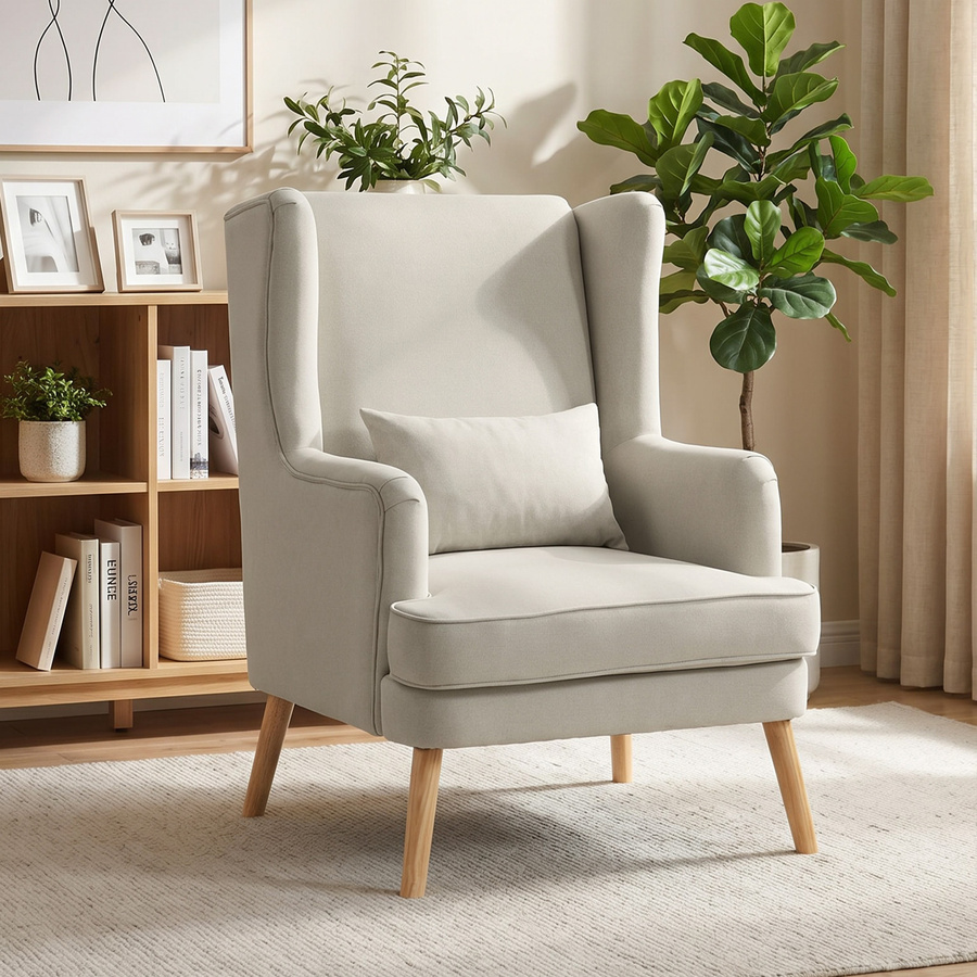HOMCOM Ohrensessel in Beige mit Leinenoptik und Lendenkissen im skandinavischen Design - Bild 2