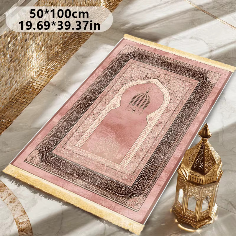 VIKAMA Islamische Gebetsmatte in Pink, rutschfest und weich mit gefransten Kanten im orientalischen Design - Bild 5
