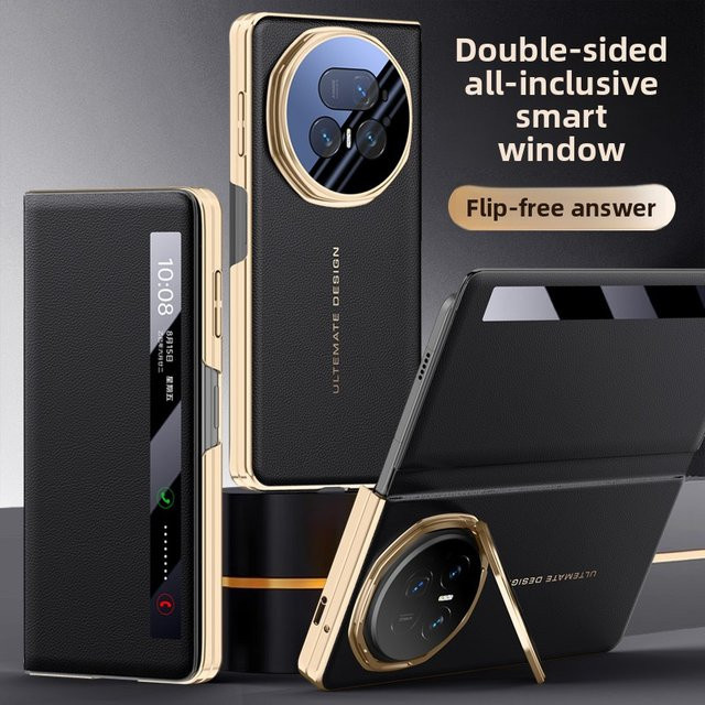 Honor Magic V5 Smart Window Ledertasche mit Kameraobjektivhalter und Magnetabdeckung in Schwarz, Weiß oder Goldrand - Bild 1