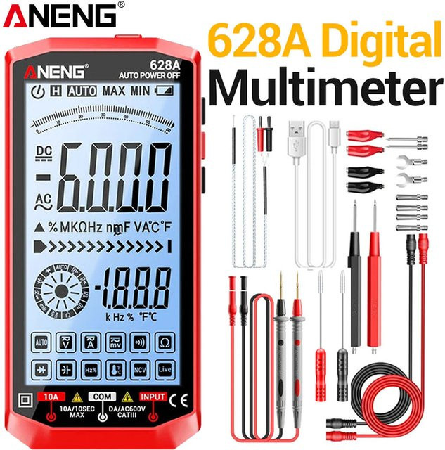 ANENG Digital-Multimeter-Tester mit hintergrundbeleuchtetem Display, wiederaufladbar, 1000 V/10 A und biegsamer Sonde, Farbe: Rot - Bild 1