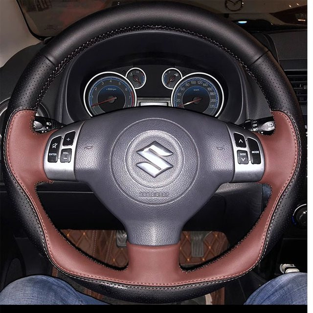 Handgenähte Echtleder Lenkradabdeckung in Schwarz für Suzuki SX4, Alto, Old Swift und Opel Agila - Bild 1