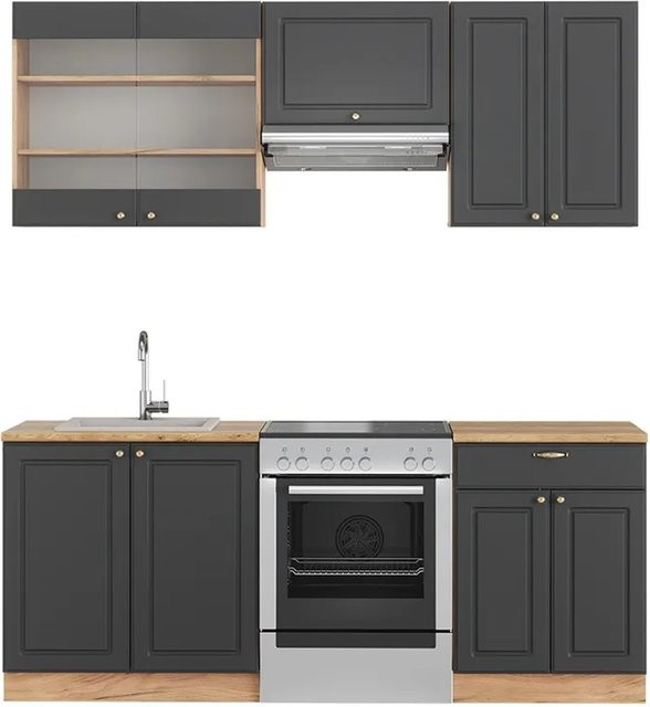Vicco Fame-Line Küchenzeile Landhausstil in Anthrazit und Eiche mit Soft-Close-Türen, Breite: 200 cm - Bild 1