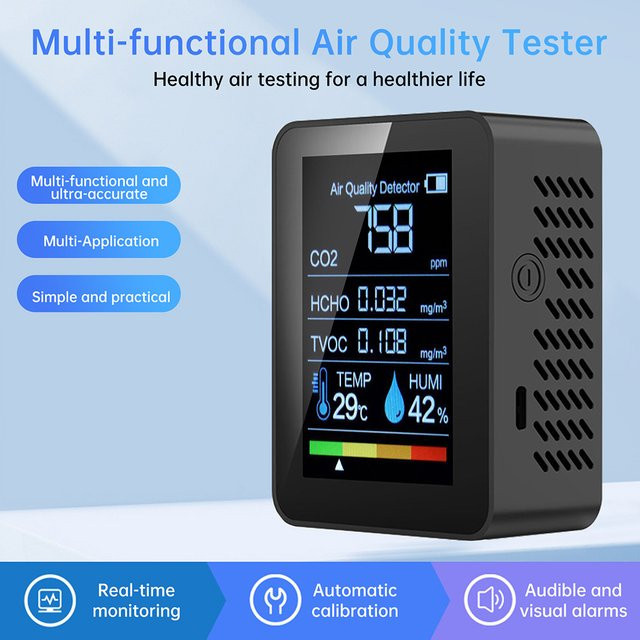 Gaqqee 5-in-1 Luftqualitätsmonitor in Weiß mit CO2-Detektor, Formaldehyd, TVOC, Temperatur und Feuchtigkeit sowie akustischer und visueller Alarmfunktion - Bild 1